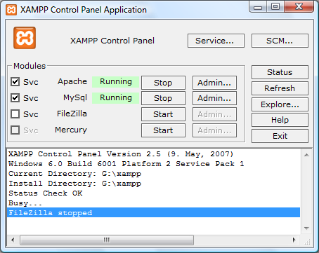 A XAMPP Control Panel ablaka