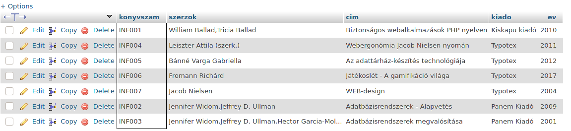 A szerzők és könyvadatok egy eredménytáblában