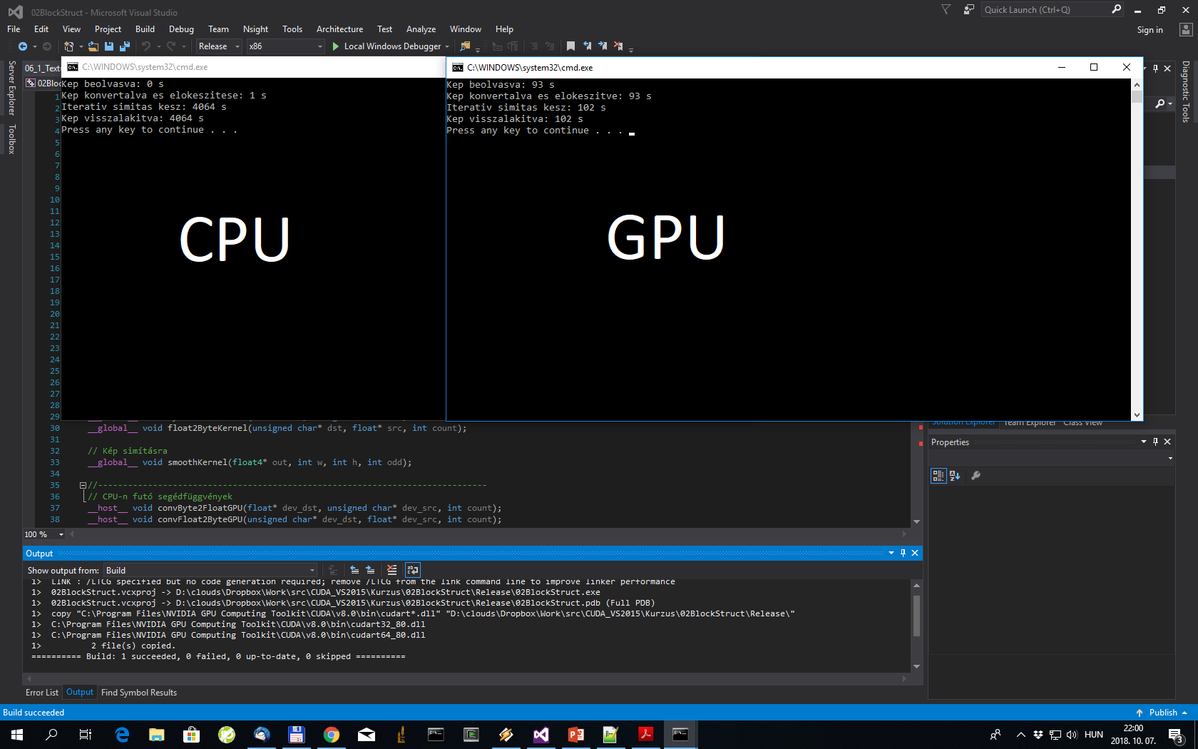Konvolúció futási ideje a CPU-n és a GPU-n