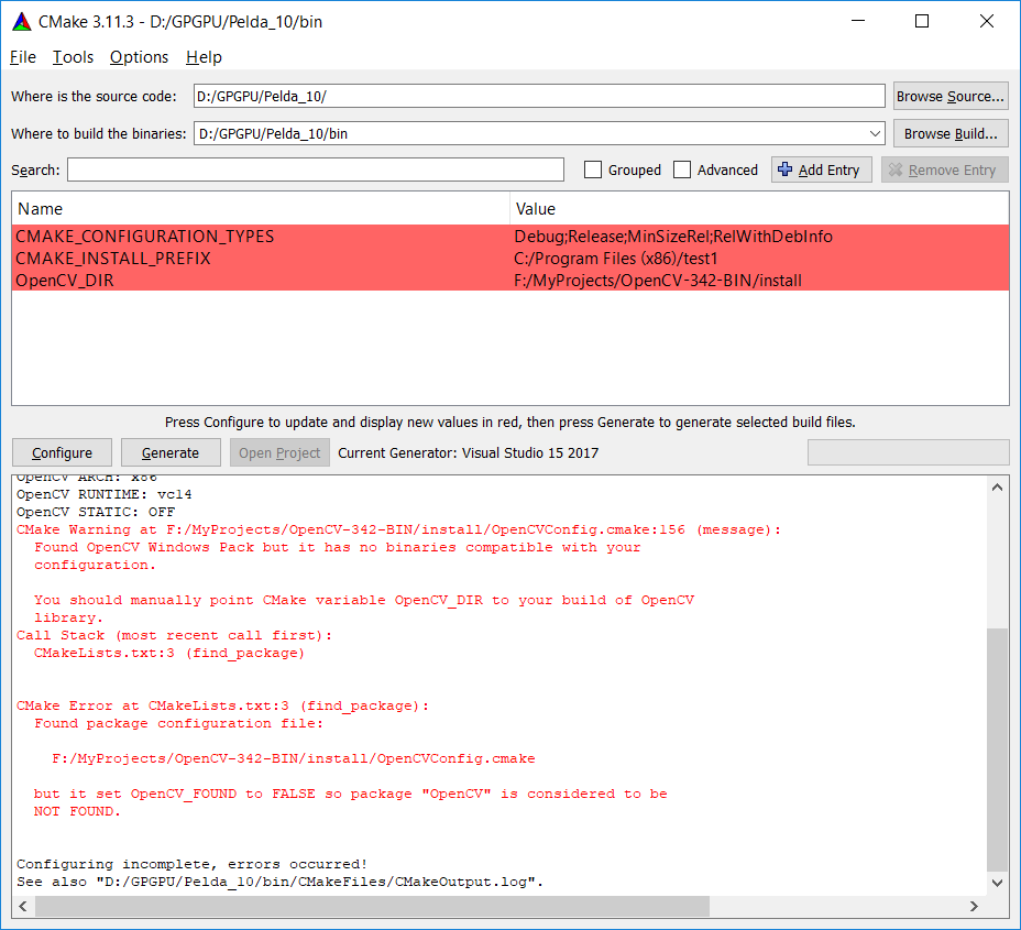 OpenCV program konfigurálása